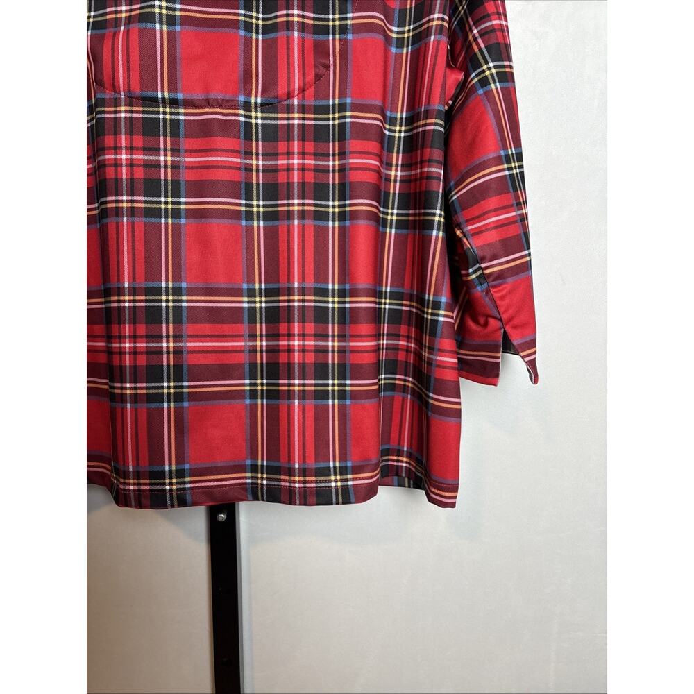 Gretchen Scott Ruffneck Top Womens XL Red Plaid 3/4 Sleeve Contrast Cuff Festive - Picture 9 of 11